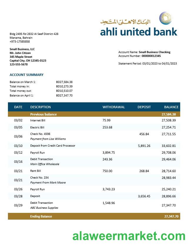 Ahli United Bank firm account statement Word and PDF template
